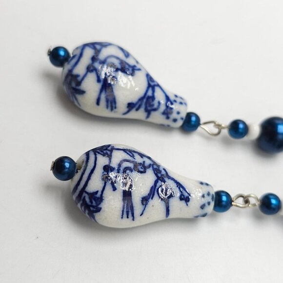 Blue White Bird Asian Ceramic Glass Dangle Drop Earrings Silver Tone Vintage - Picture 2 of 4